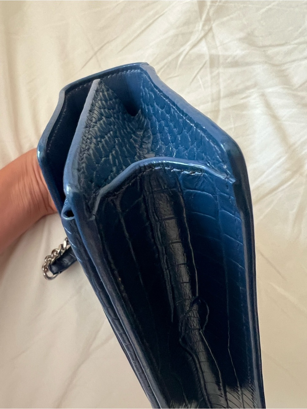 Saint Laurent Small Sunset Bag in Denim Blue Croc-Embossed Leather - Picture 3 of 16